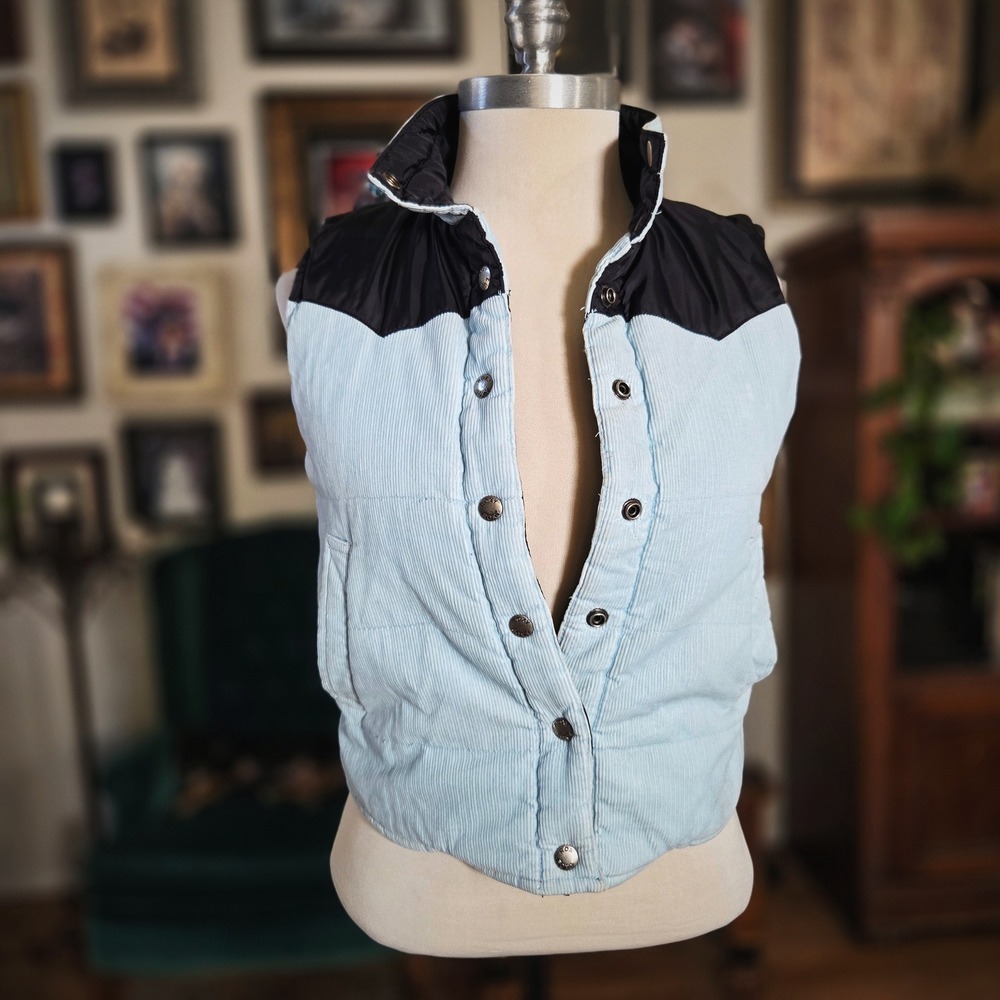 Vintage Y2K Roxy Puffer Vest Light Blue Corduroy Snap Front Sweatshirt Pullover - Picture 2 of 8